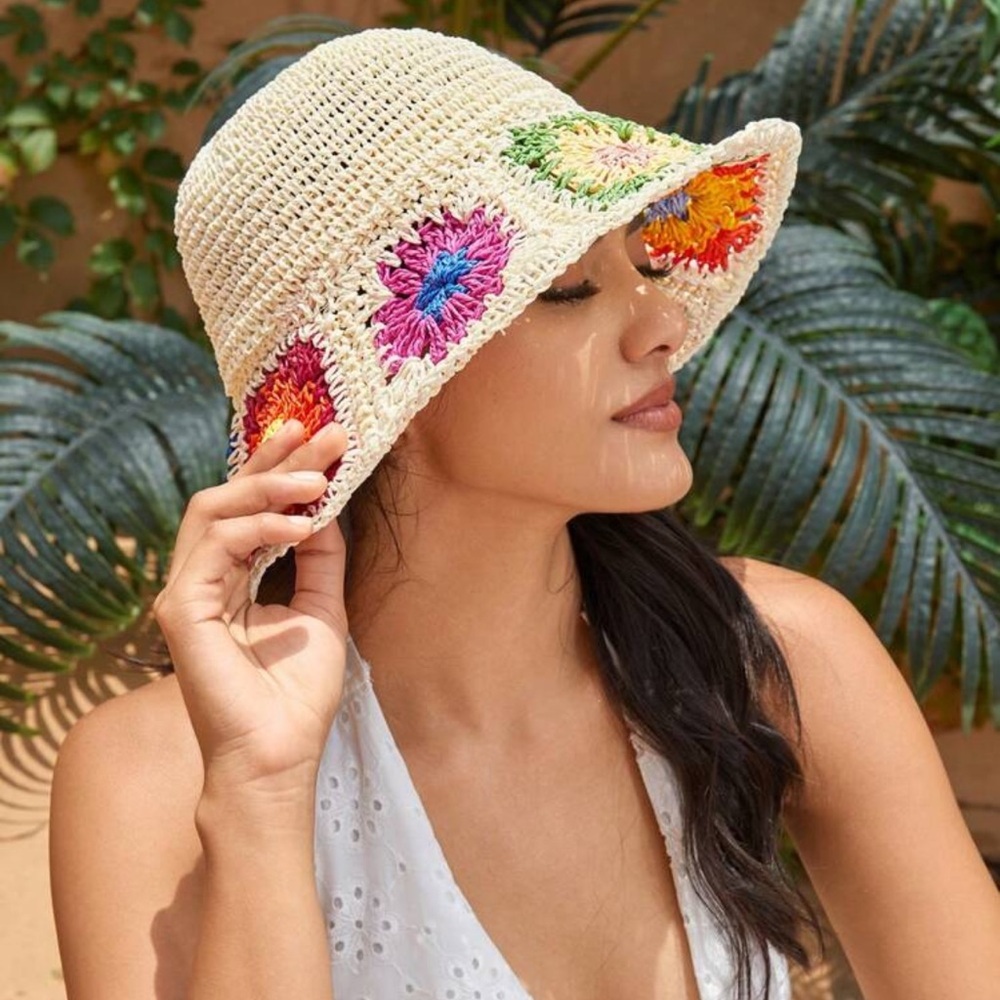 VCAY 1pc Women's Cute Basic Woven Hat With Texture, 3D Flowers/Sweet Floral